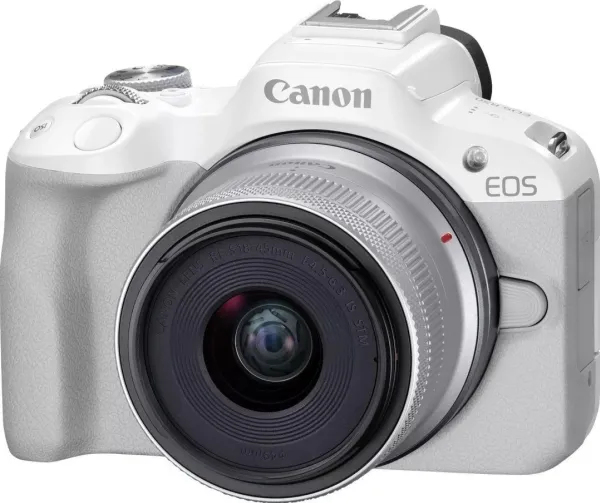Canon EOS R50 - Digitalkamera - spejlløst - 24.2 MP - APS-C - 4K / 30 fps - 2.5x optisk zoom RF-S 18-45 mm F4.5-6.3 IS STM objektiv - Wi-Fi, Bluetooth - hvid