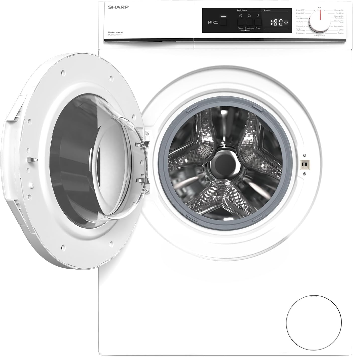 Sharp ES-NFA814WWNA-DE Waschmaschine Frontlader/A / 8 kg / 1400 U/min/Inverter Motor / 15 Programme inkl. 12 min Kurzprogramm/AquaStop/Weiß