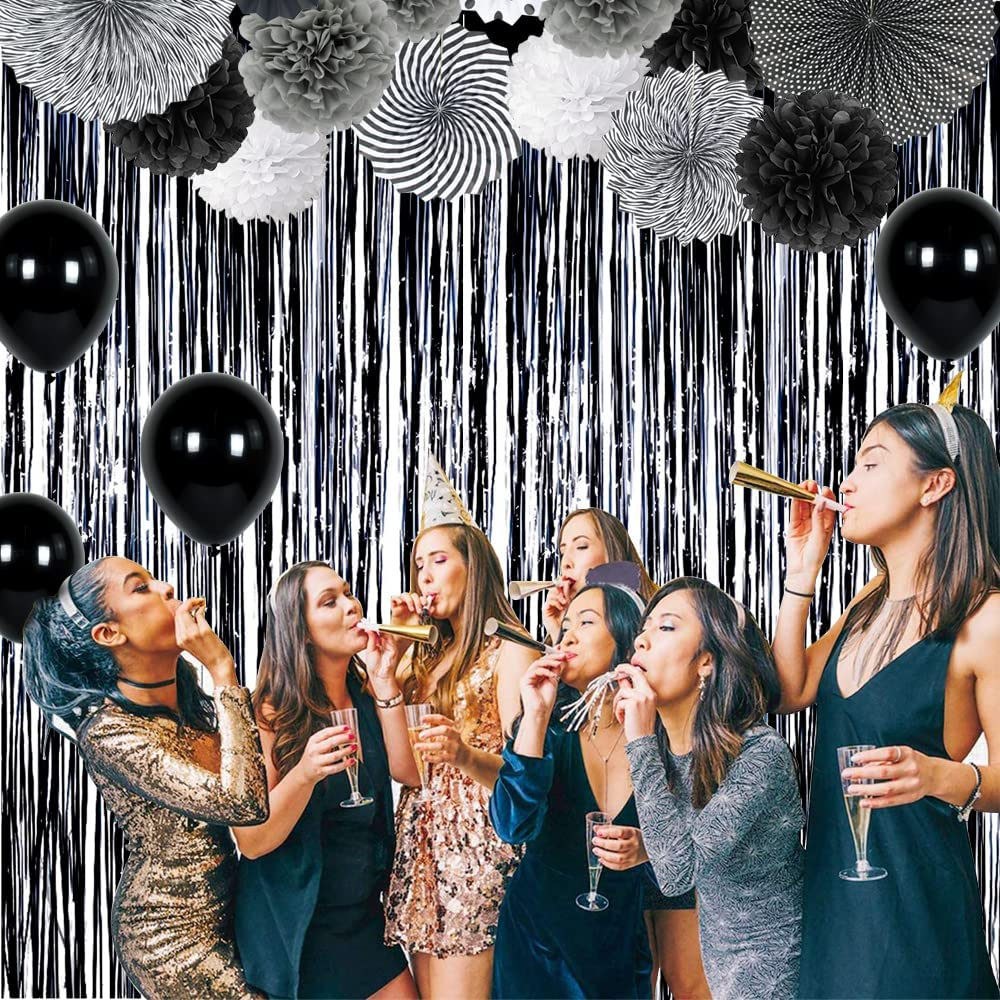 (2x1m) Party Deko Lametta Vorhang Glänzender Fransen Vorhang Foto Hintergrund - Schwarz