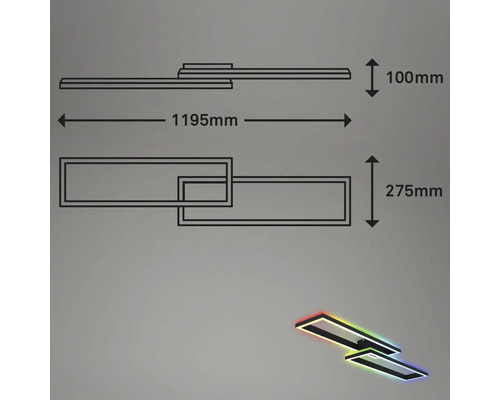 Dimbare LED-plafondlamp, 2 x 21 W, 2500 lm, 2700 K-6500 K CCT RGB, 10 x 119,5 x 27,5 cm, zwart, met nachtlampfunctie, geheugenfunctie en afstandsbediening.