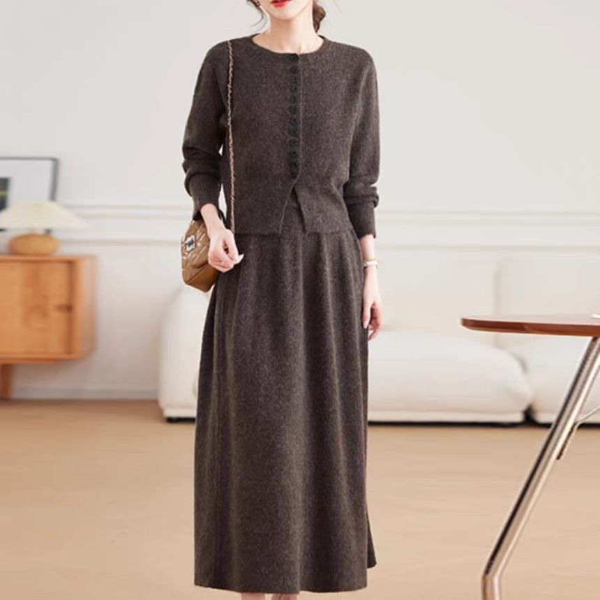Jeonseon - Set: Effen vest met ronde hals + Maxi A-lijn rok met hoge taille