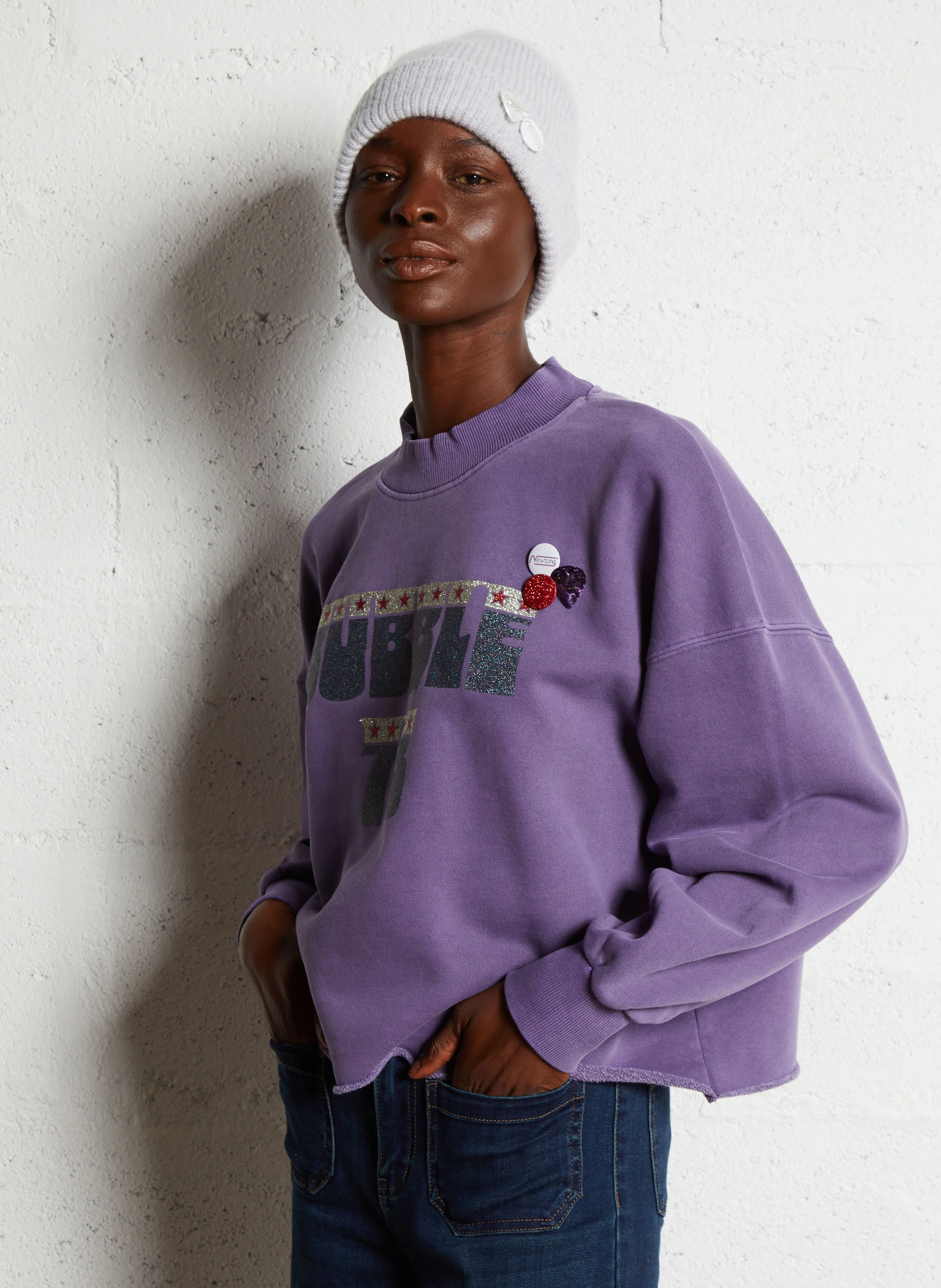 PORTER BUBBLE - Sweat ample col rond sérigraphié en coton | Violet