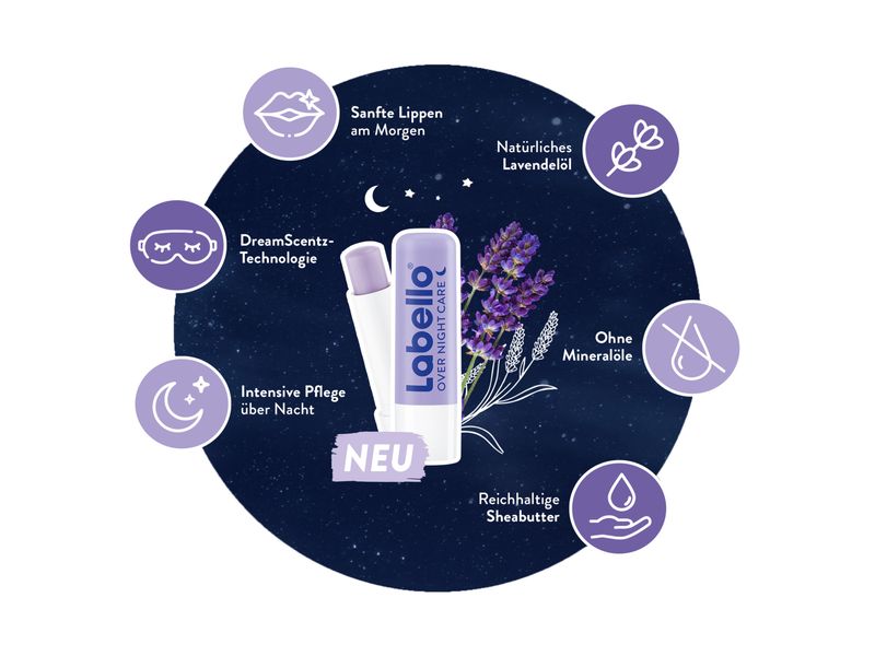 LABELLO Lippenpflege Over Night Care 4.8 g Lippenpomade für Pflege über die Nacht mit ätherischem Lavendelöl