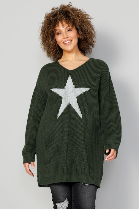 Long-Pullover, großer Stern, V-Ausschnitt, Langarm