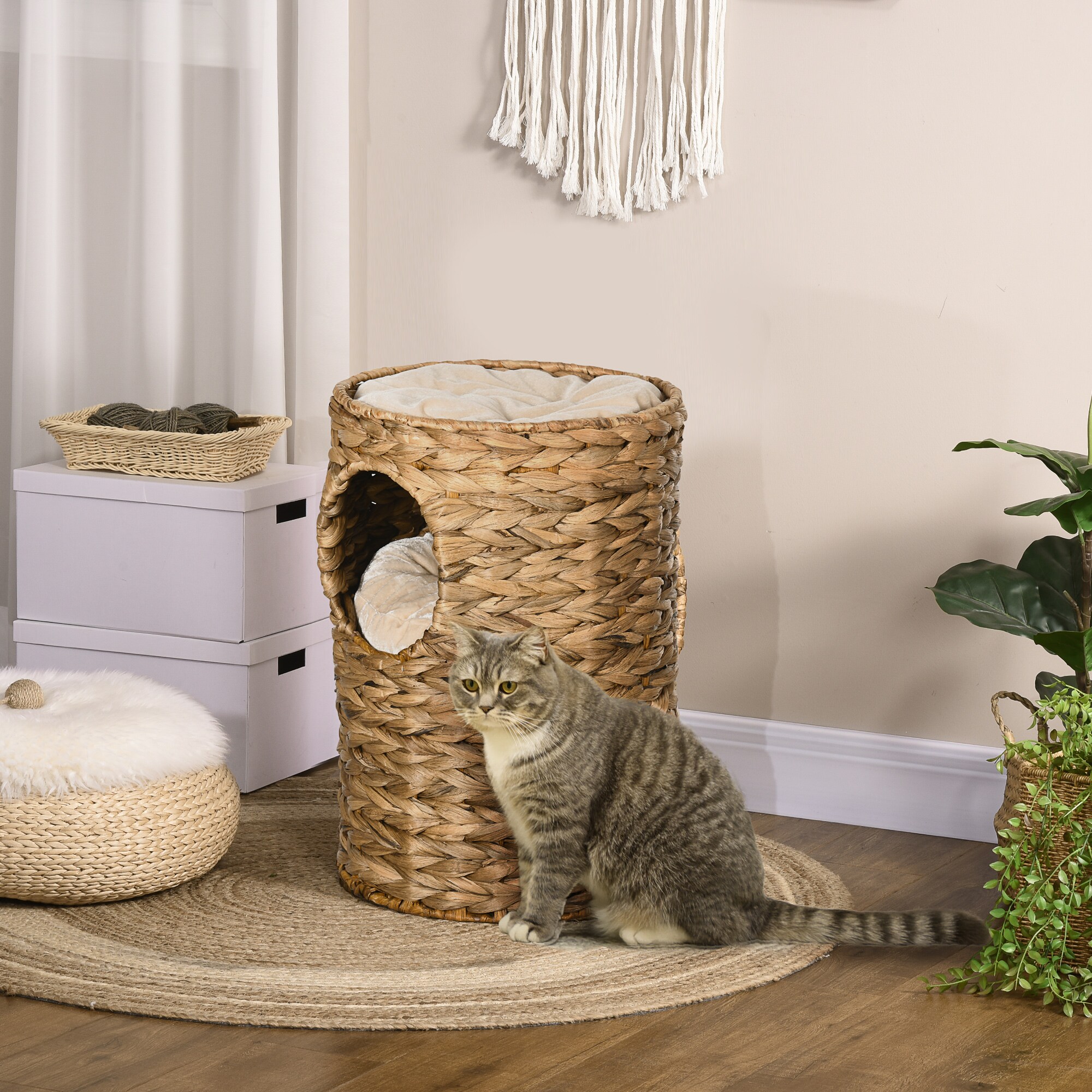PawHut Katzenturm mit Kissen und 2 Eingängenen braun 32L x 32B x 47H cm