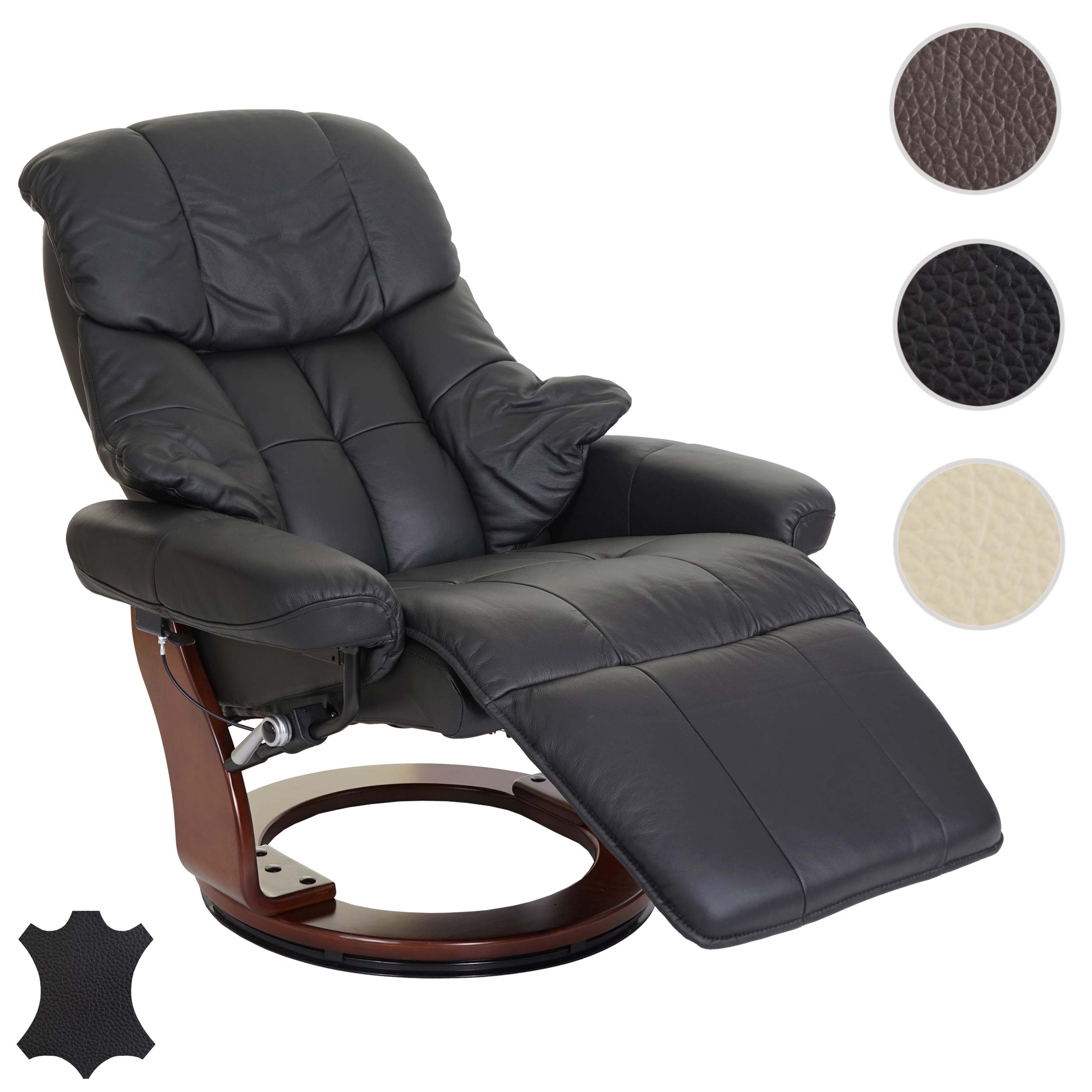 MCA Relaxsessel Windsor 2, Fernsehsessel Sessel, Echtleder 150kg belastbar ~ schwarz, Walnuss-Optik