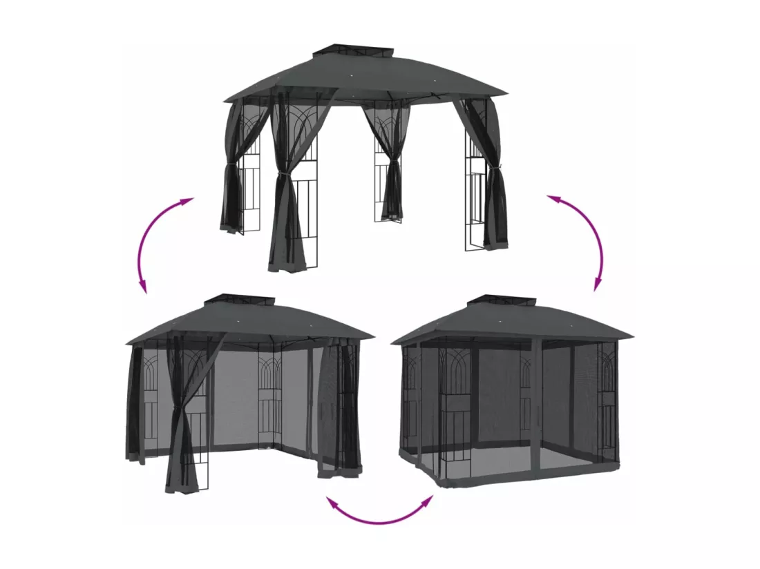 Tonnelle avec double toit et parois en filet anthracite acier
