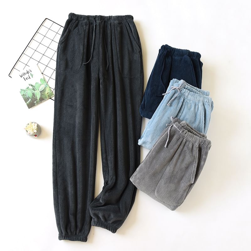 molpes - Hoge taille effen koraal fleece pyjamabroek (verschillende ontwerpen)