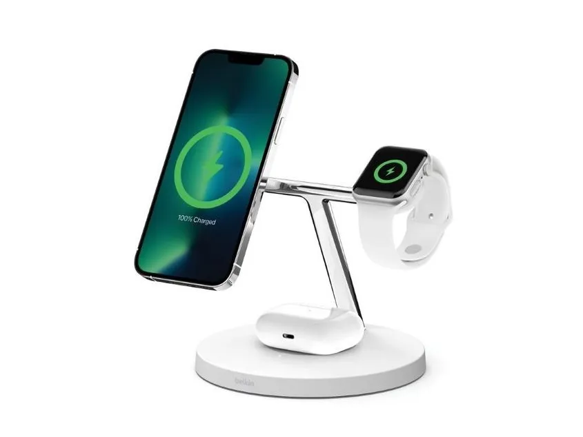 Belkin BoostCharge Pro - Trådløs opladningsstander - med MagSafe   AC-strømadapter - 15 Watt - Fast Charge - hvid - for Apple AirPods; AirPods Pro; iPhone 12, 13; Watch Series 4, Series 5, Series 6, Series 7