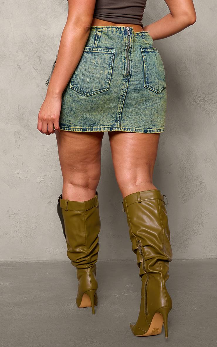 Washed Green Mini Jupe En Denim Shape Avec Ceinture