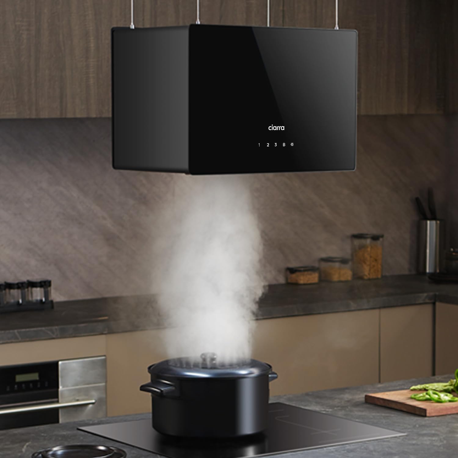 CIARRA CBCB4850 A+++ Inselhaube Umluft Dunstabzugshaube Insel Freihängend 48cm 700m³/h mit Smart Wi-Fi App 4 Stufen Booster Glas Inselabzugshaube CBCF003 Aktivkohlefilter Schwarz