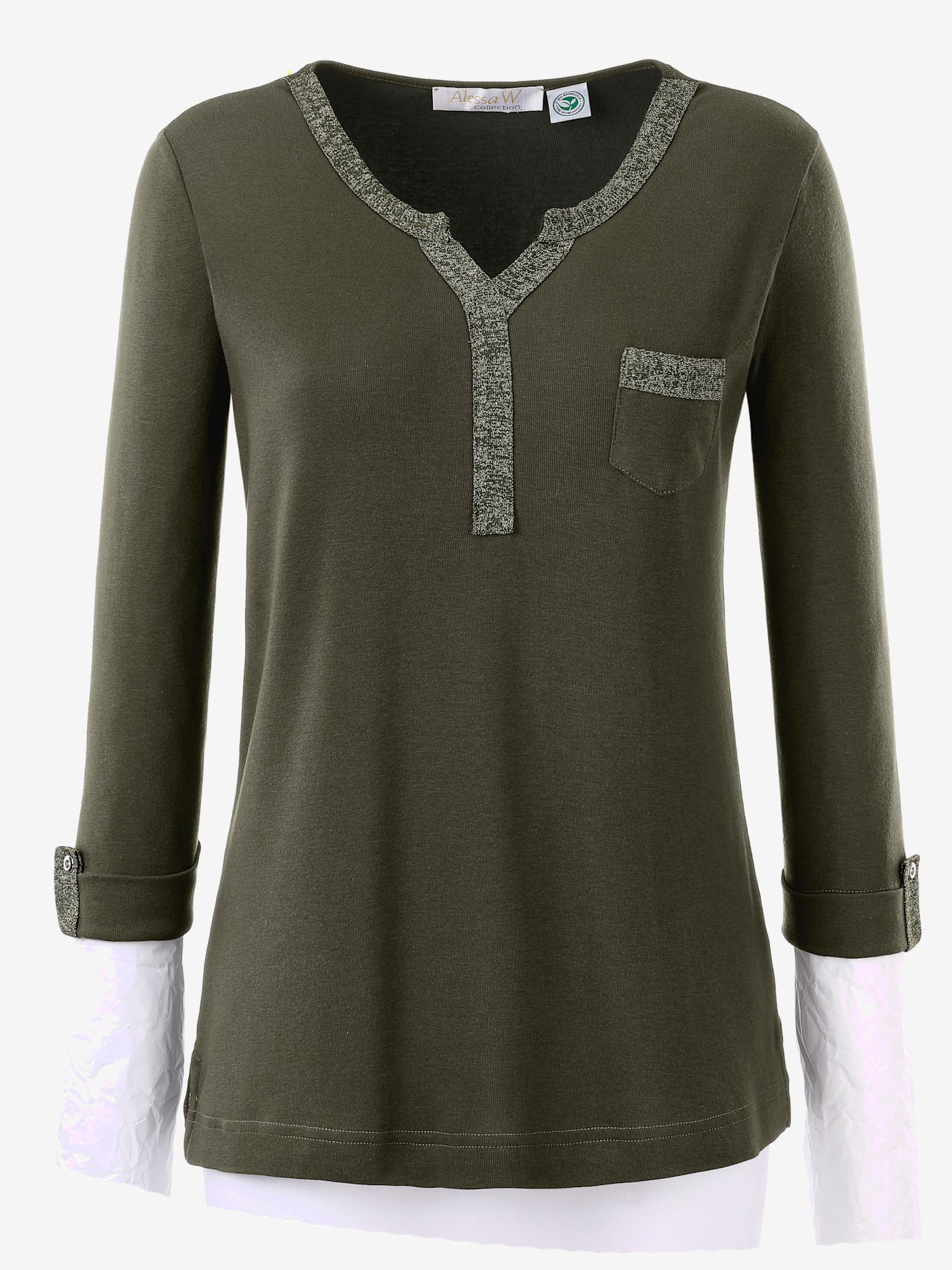 T-shirt col v imprimé manches 3/4 poche poitrine
