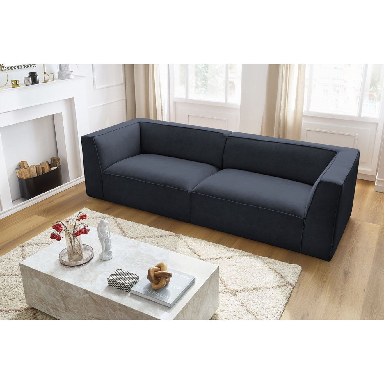 Bobochic Canapé droit fixe 4 places en Velours Molière bleu foncé - 273x99x71 cm