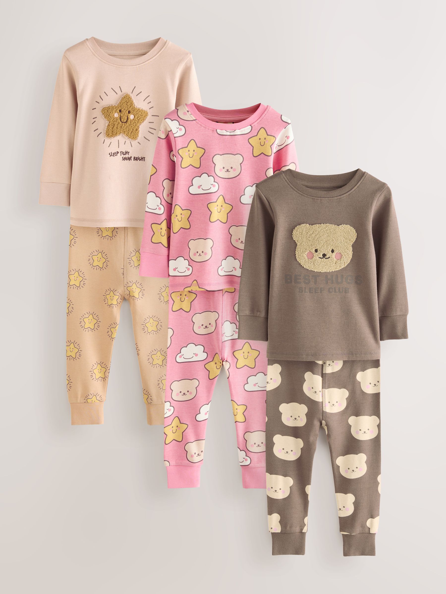 Bruin met beer/Ster - Verpakking van 3 knusse pyjama's (9 mnd-9 jr)