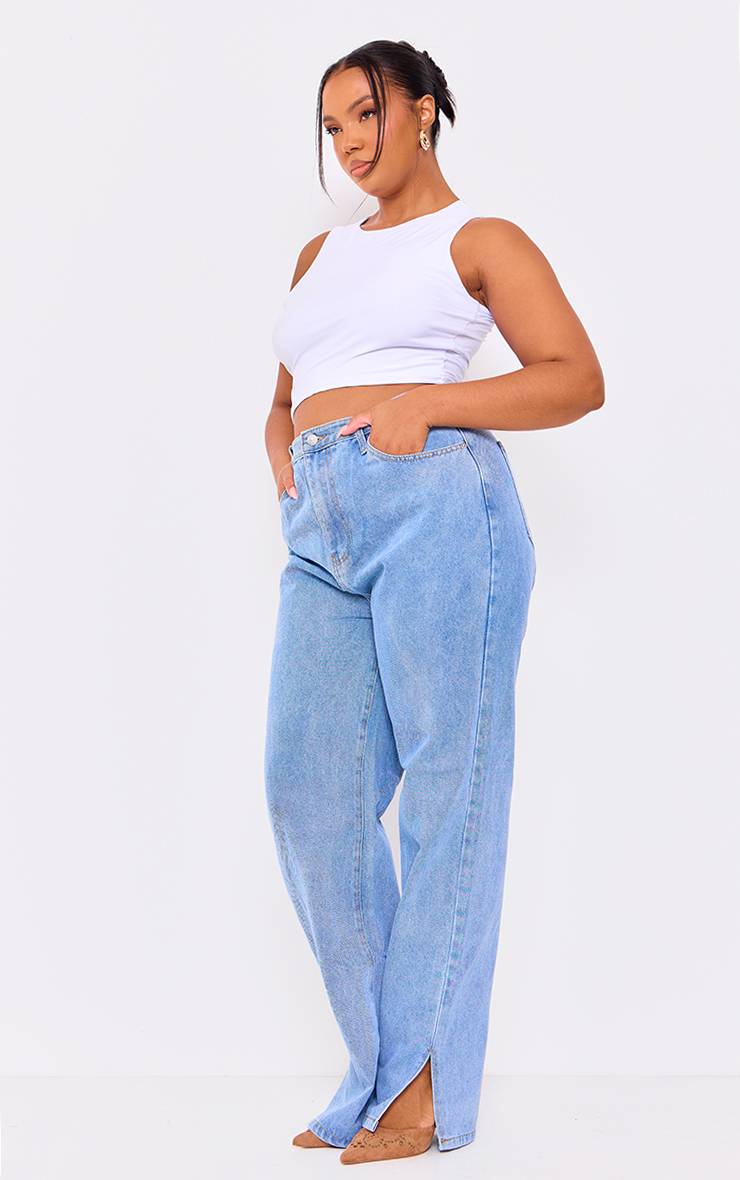 Light Blue Wash Jean Grande Taille À Ourlet Fendu