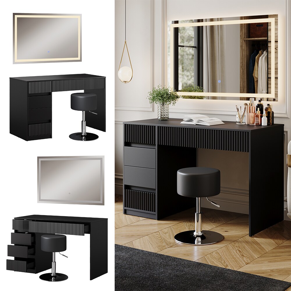 Vicco Schminktisch Omira Schwarz 120 cm mit LED-Spiegel und Hocker