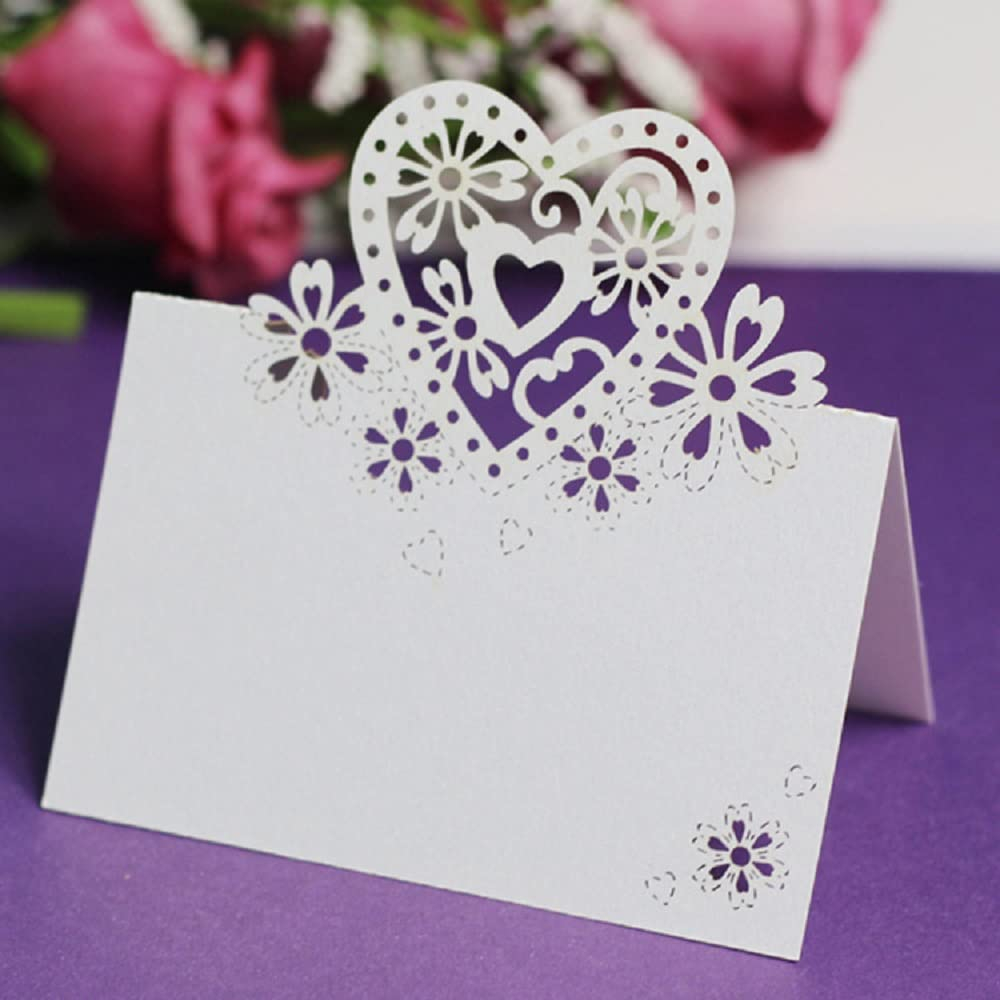 (50er Set) 6x9cm Papier Tischkarten Hochzeits Deko Herz Namens Platzkarten - Weiss