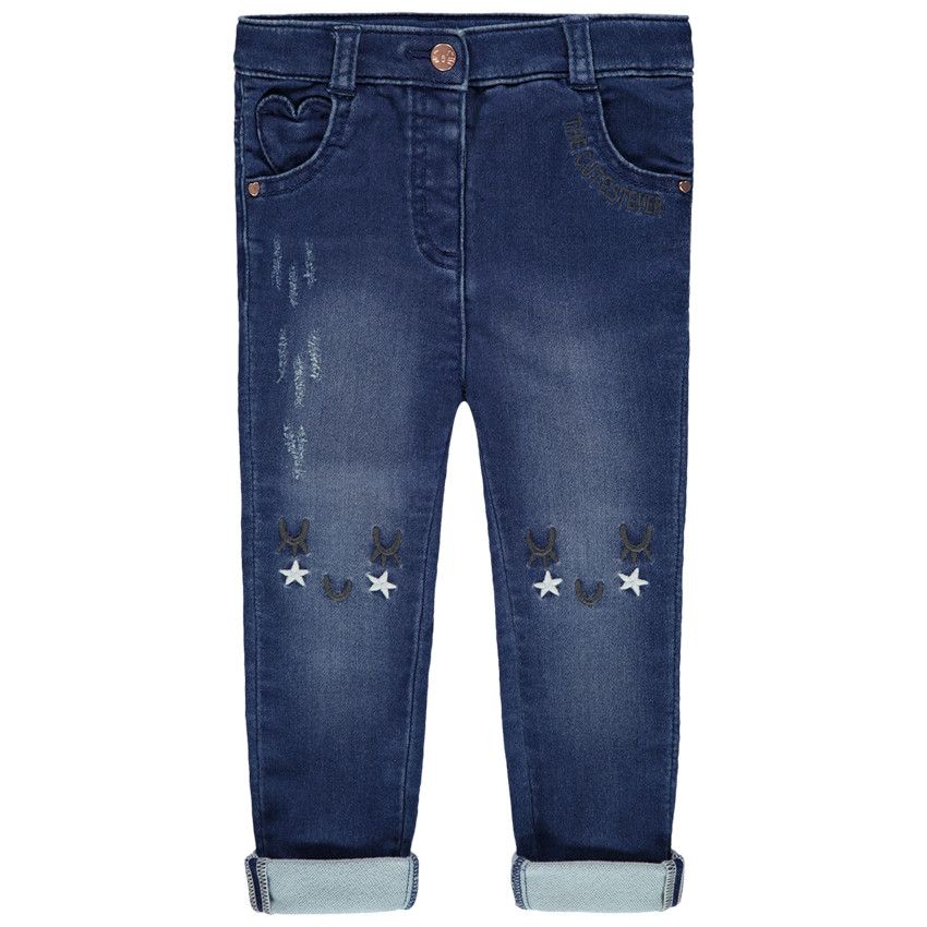 Jean effet used à détails brodés et poches forme coeur - Bleu moyen