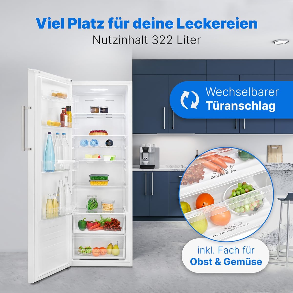 Bomann® Kühlschrank ohne Gefrierfach | 322L | 172cm Kühlschrank | Schnellkühlfunktion | MultiAirflow für gleichmäßige Kühlung | Getränkekühlschrank | 5 Ablagen | Türanschlag wechselbar | VS 7345 weiß