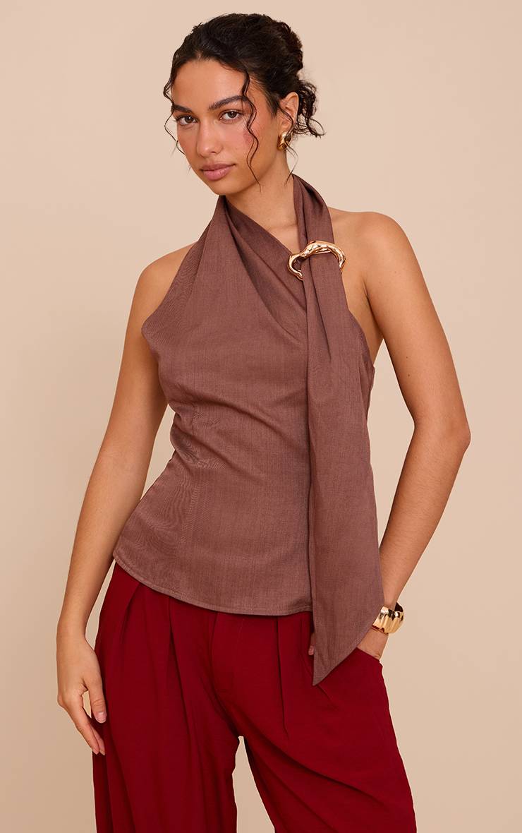 Marron Haut Long Cache-cœur À Détail Foulard Et Finitions Tissées