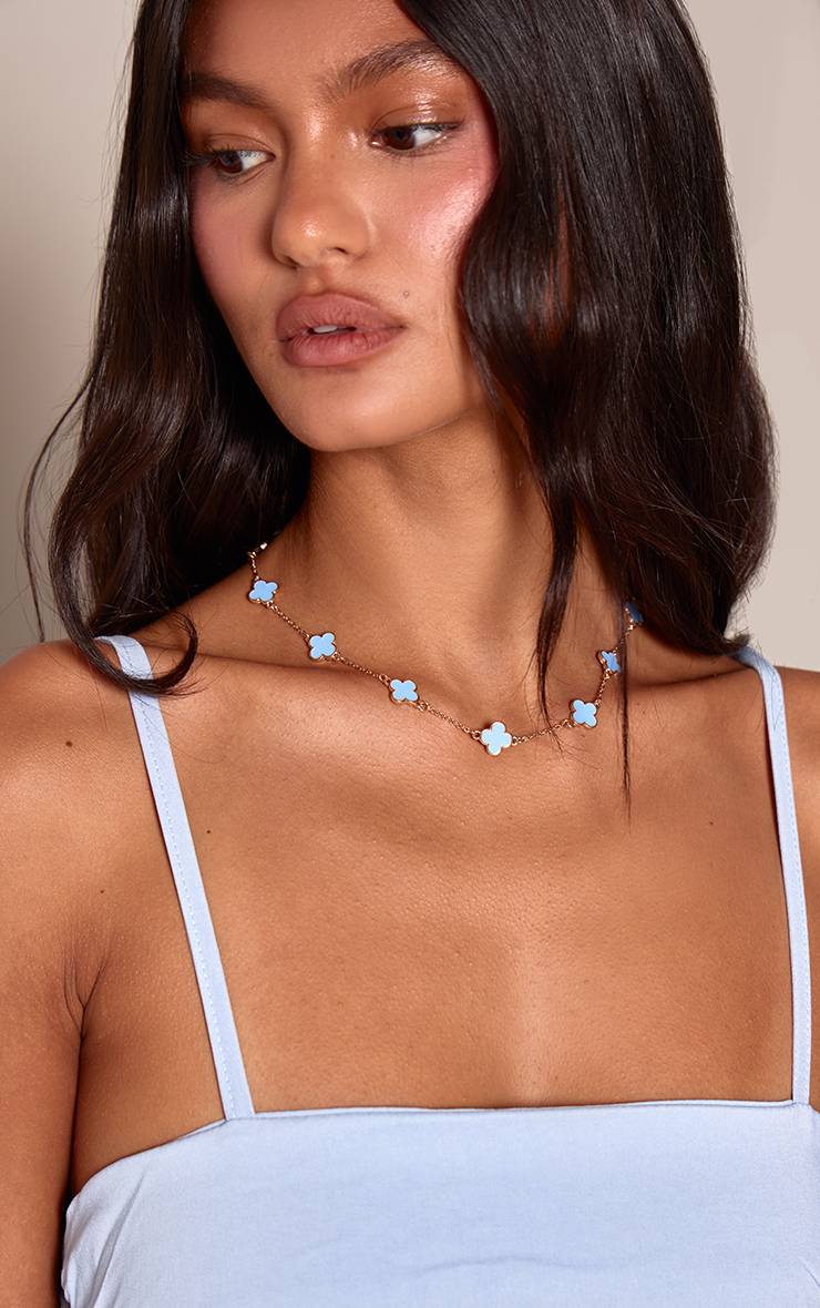 Doré Collier Pendentif Trèfle Bleu Poudré