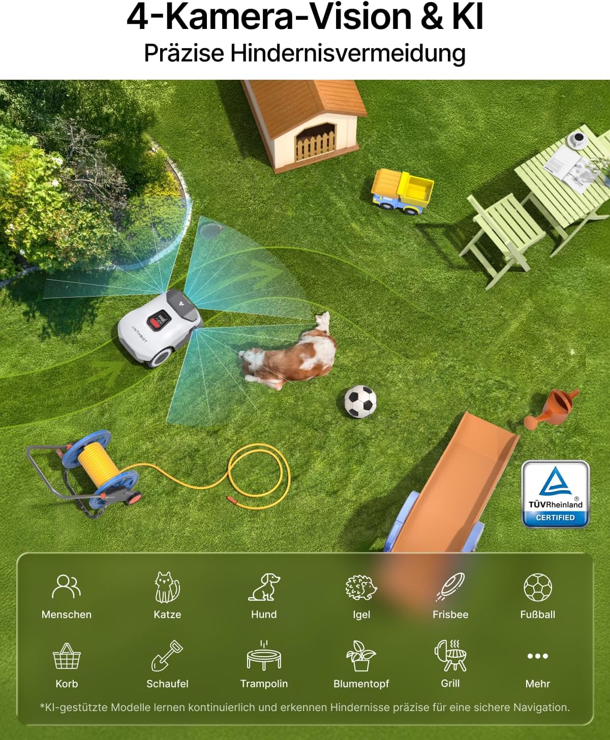 ANTHBOT Genie 600 Mähroboter mit Einfacher Garage, Ohne Begrenzungskabel, RTK & 4-Kamera-Vision, KI-Hinderniserkennung, Präzise Navigation, Smarte App-Steuerung, Max. 900 m²