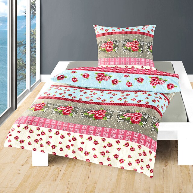 BIERBAUM Seersucker-Bettwäsche FLORAL 155 x 220 cm pink/weiß