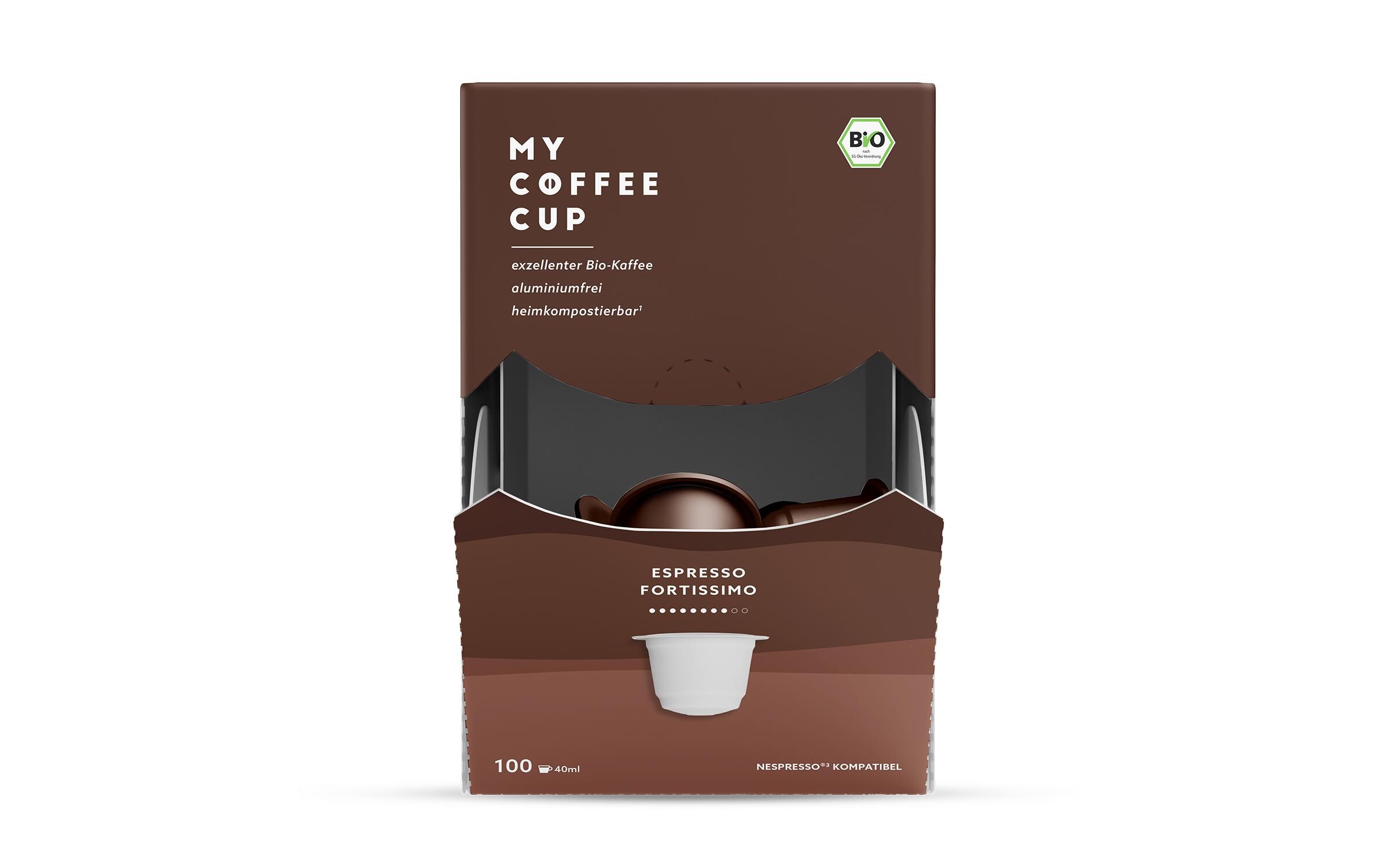 Kaffeekapseln Mega Box Bio Espresso Fortissimo 100 StückHeimkompostierbare Nespresso-Kapseln mit hochwertigem Bio-Kaffee