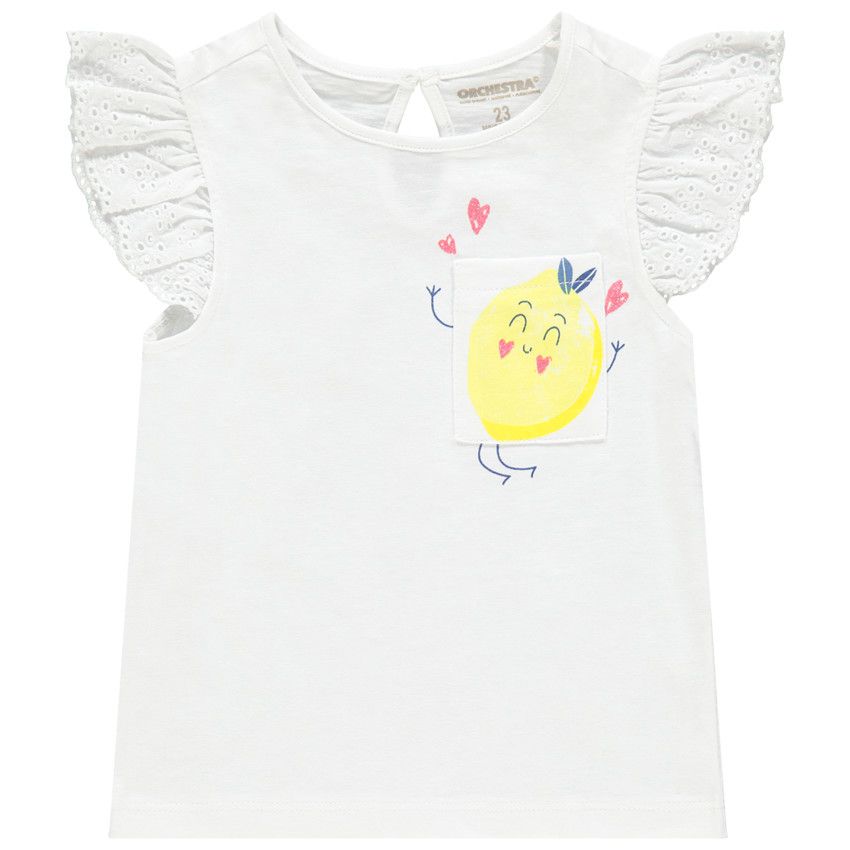 T-shirt à manches courtes volantées et poche imprimée - Blanc