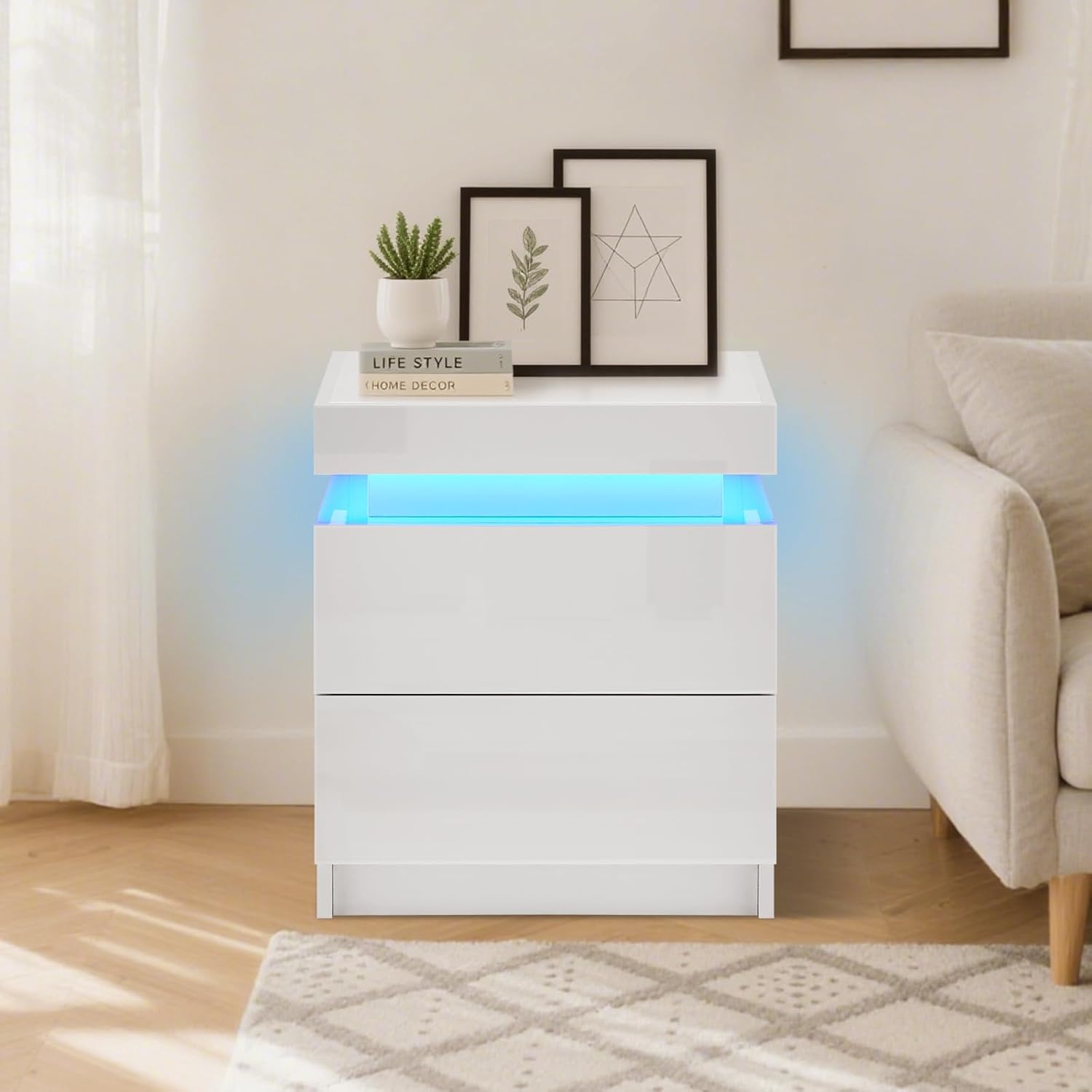 TUKAILAI 2X Nachttisch Weiß mit RGB Led Licht 2 Schubladen Nachtschrank Holz Beistelltisch Organizer Einheit Nachtkonsole Nachtkommode für Schlafzimmer Wohnzimmer
