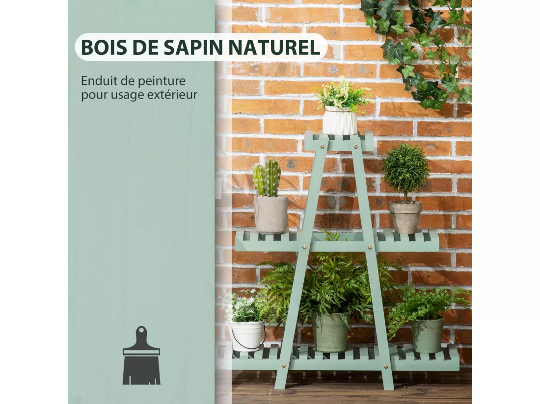 Étagère à fleurs pyramidale en bois - porte plante bois 3 étagères - dim. 76L x 26l x 76H cm - sapin vert d'eau