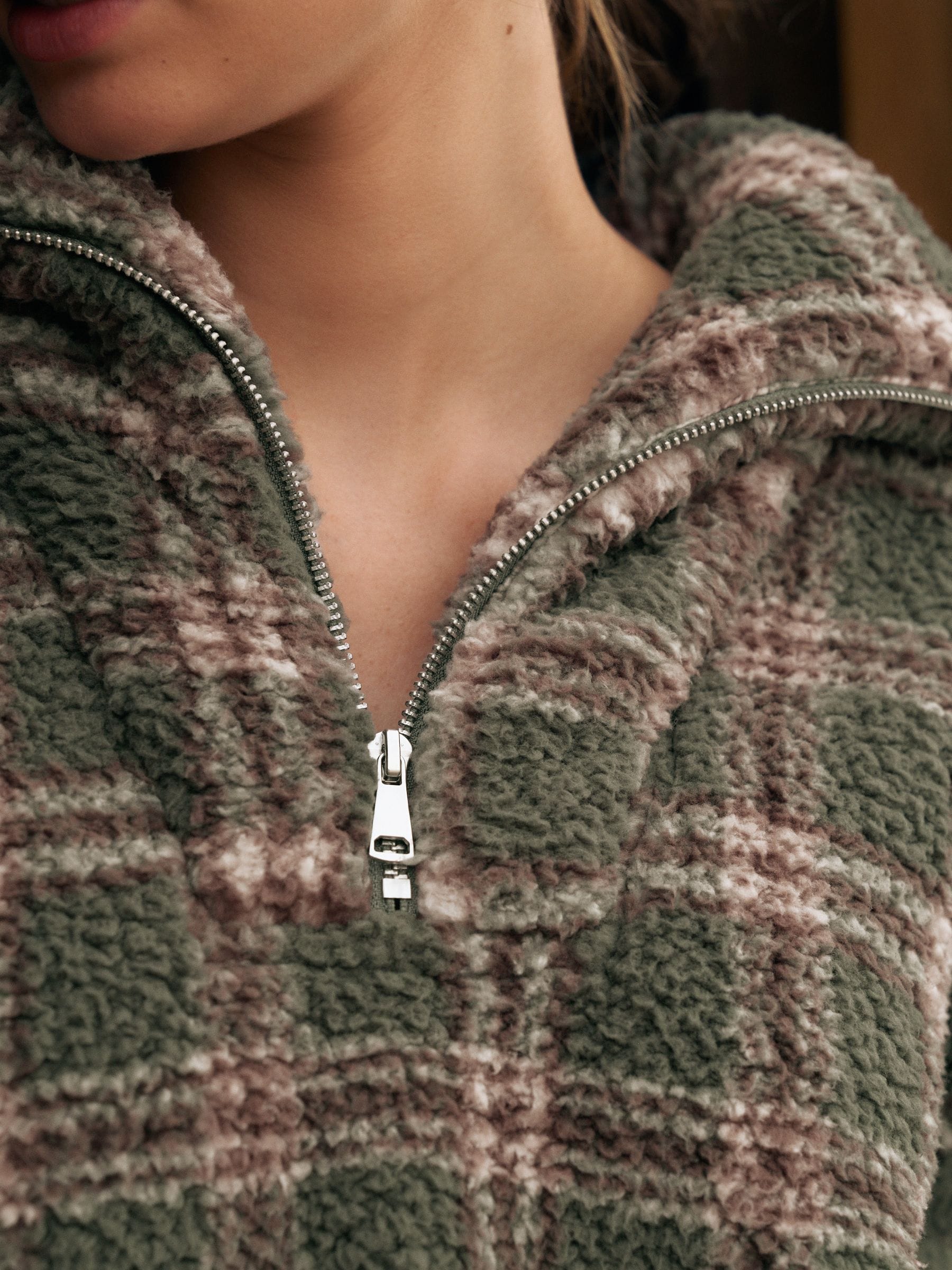 Groen/roze geruit - Borg fleece met kwartrits