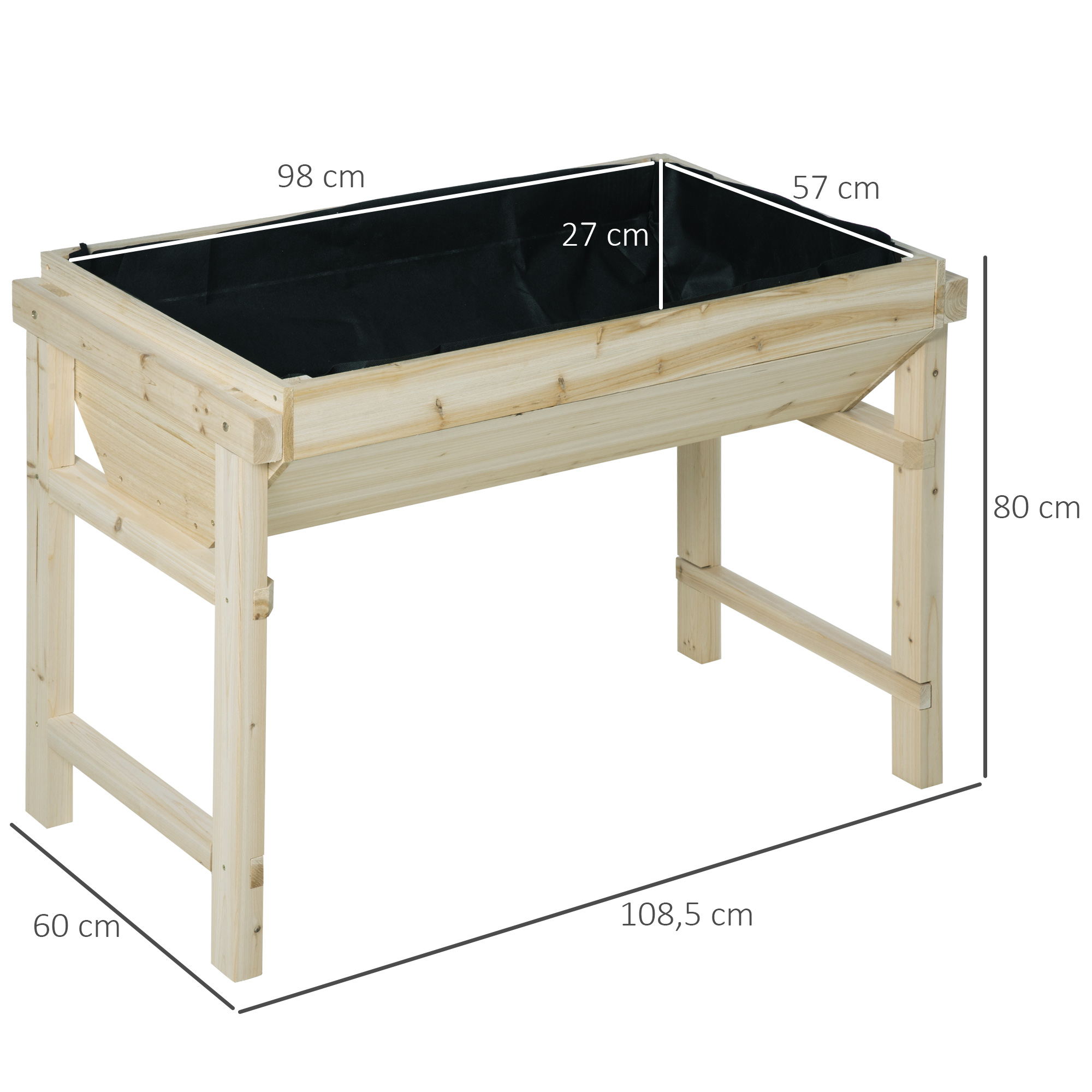 Mesa de cultivo elevada de madeira Outsunny para jardim urbano, 108,5 x 60 x 80 cm, com tecido não tecido e 3 orifícios de drenagem, ideal para jardins, terraços e áreas externas. Suporta até 50 kg. Cor natural.