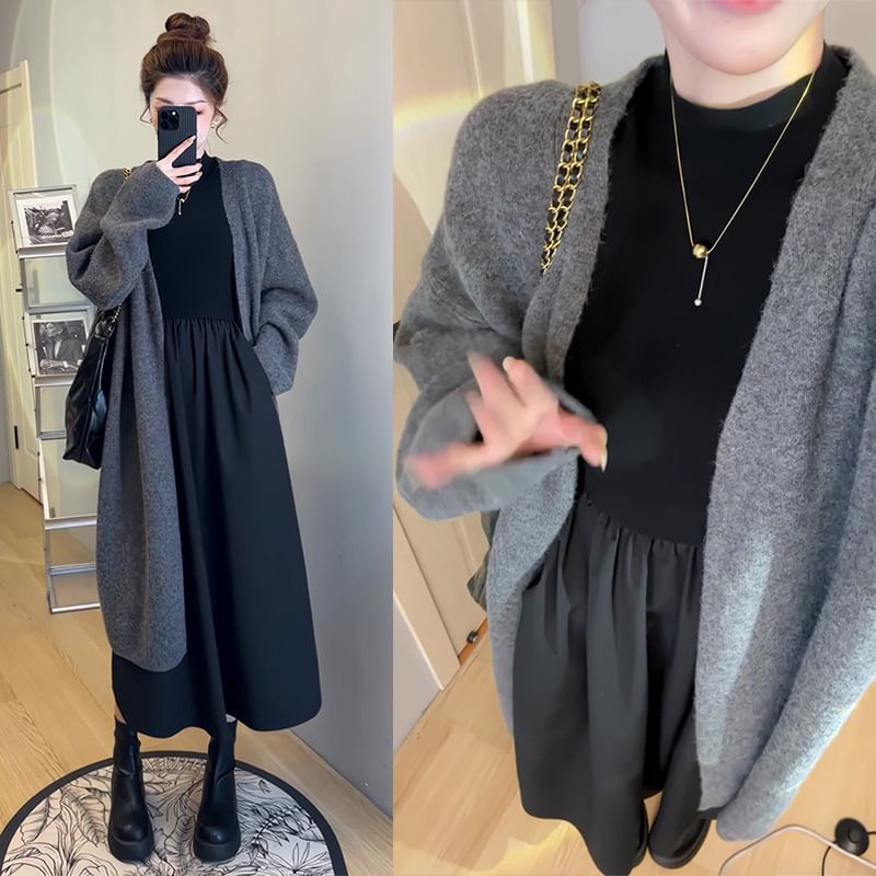 Levsayte - Zwangerschapsjurk met lange mouwen en een mockneck, effen geplooid paneel, midi-A-lijn jurk / effen midi-cardigan met open voorkant