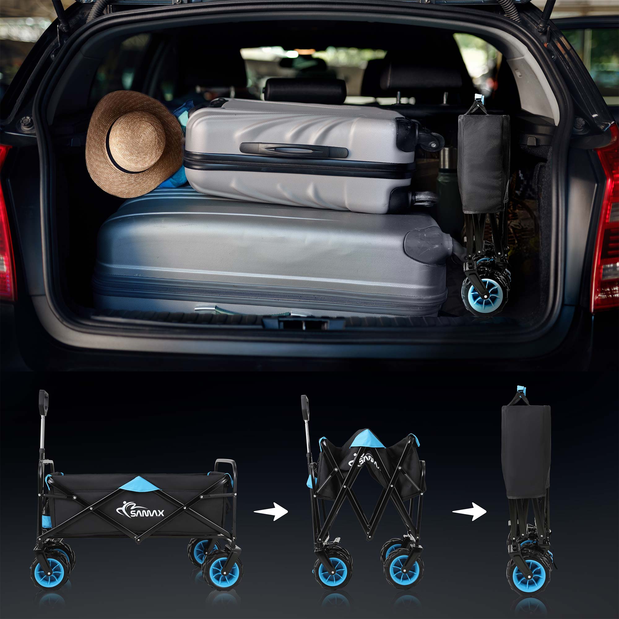 SAMAX Faltbarer Bollerwagen Offroad Camping Edition bis 200 kg - Schwarz / Blau