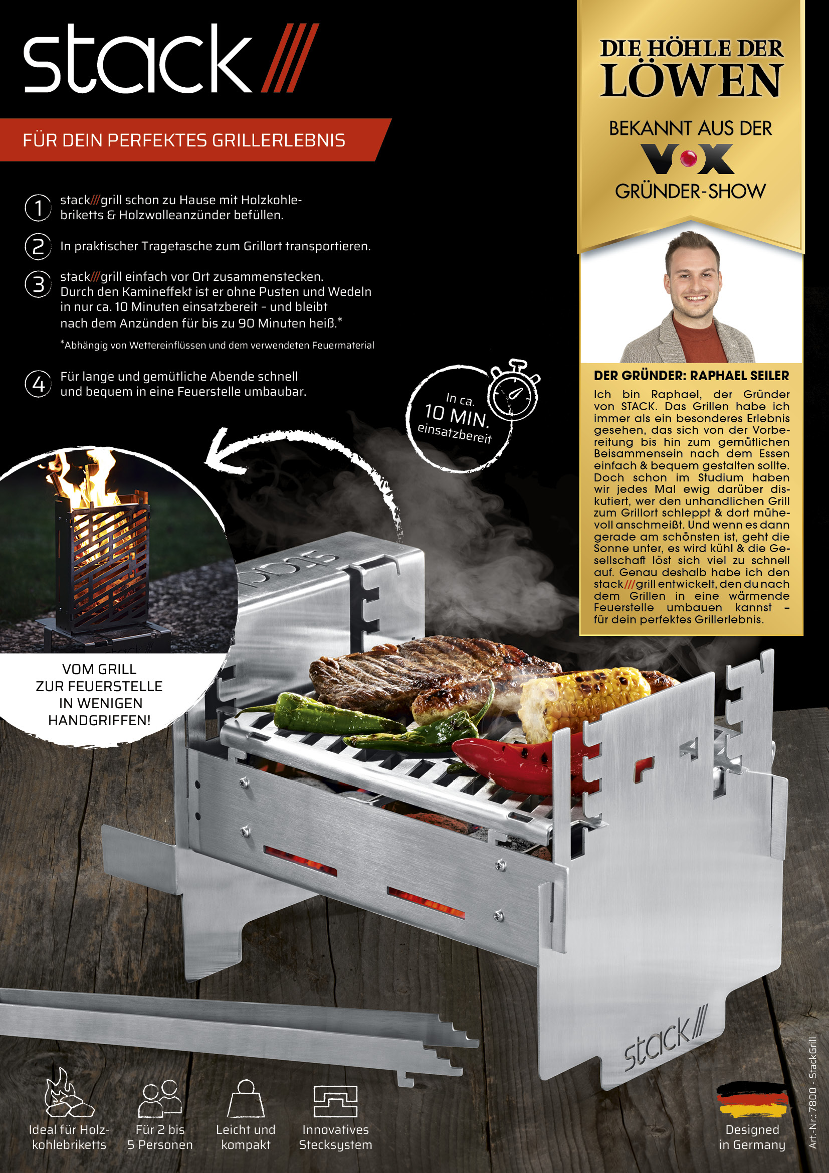 stack Grill 3in1 36cm Edelstahl für Holzkohlebriketts