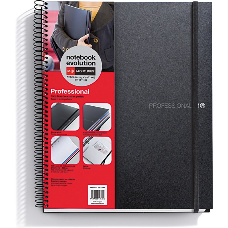 Notebook The Original, Couverture souple, A4, quadrillage 5x5 mm + Lisse, 120 feuilles de 2 couleurs, Miquelrius, Noir, Professionnel.