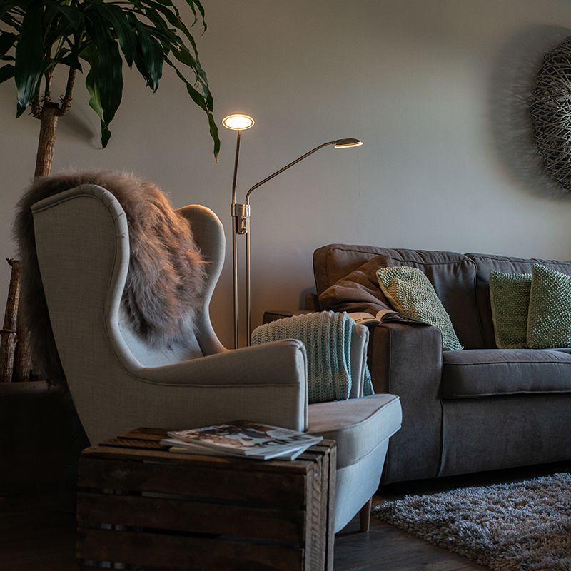 Moderne vloerlamp staal met leeslamp incl. LED - Eva