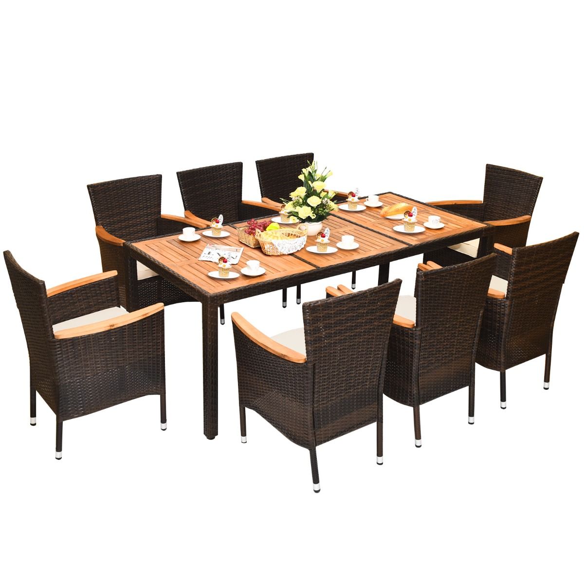 Salon de Jardin en Rotin 9 Pièces pour 8 Personnes Plateau de Table en Acacia Ensemble de Salle à Manger avec Coussins Amovibles Charge 160KG - Lidl-Manfred
