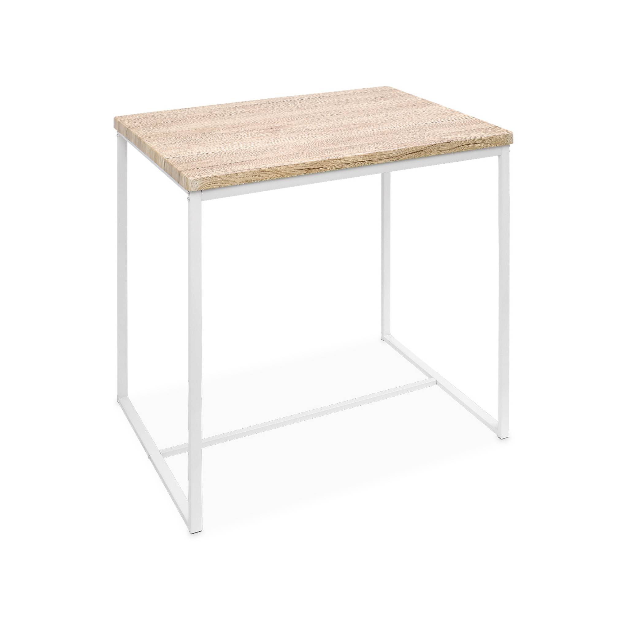 Set table haute rectangulaire loft avec 4 tabourets de bar. Acier et décor bois. Encastrable. Design