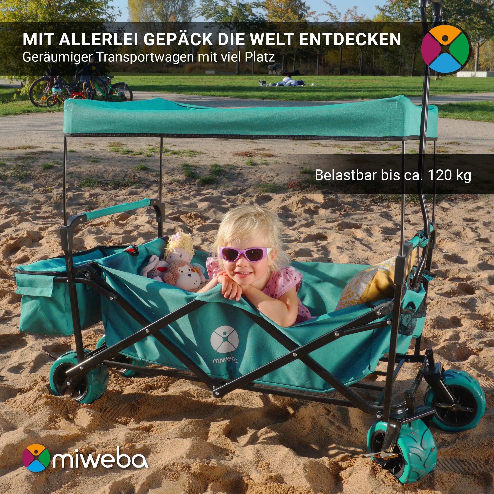 Miweba Bollerwagen MB-10, faltbar, Bremse, abnehmbares Dach, PU-Breitreifen, Transporttasche, 100 kg (Grau)