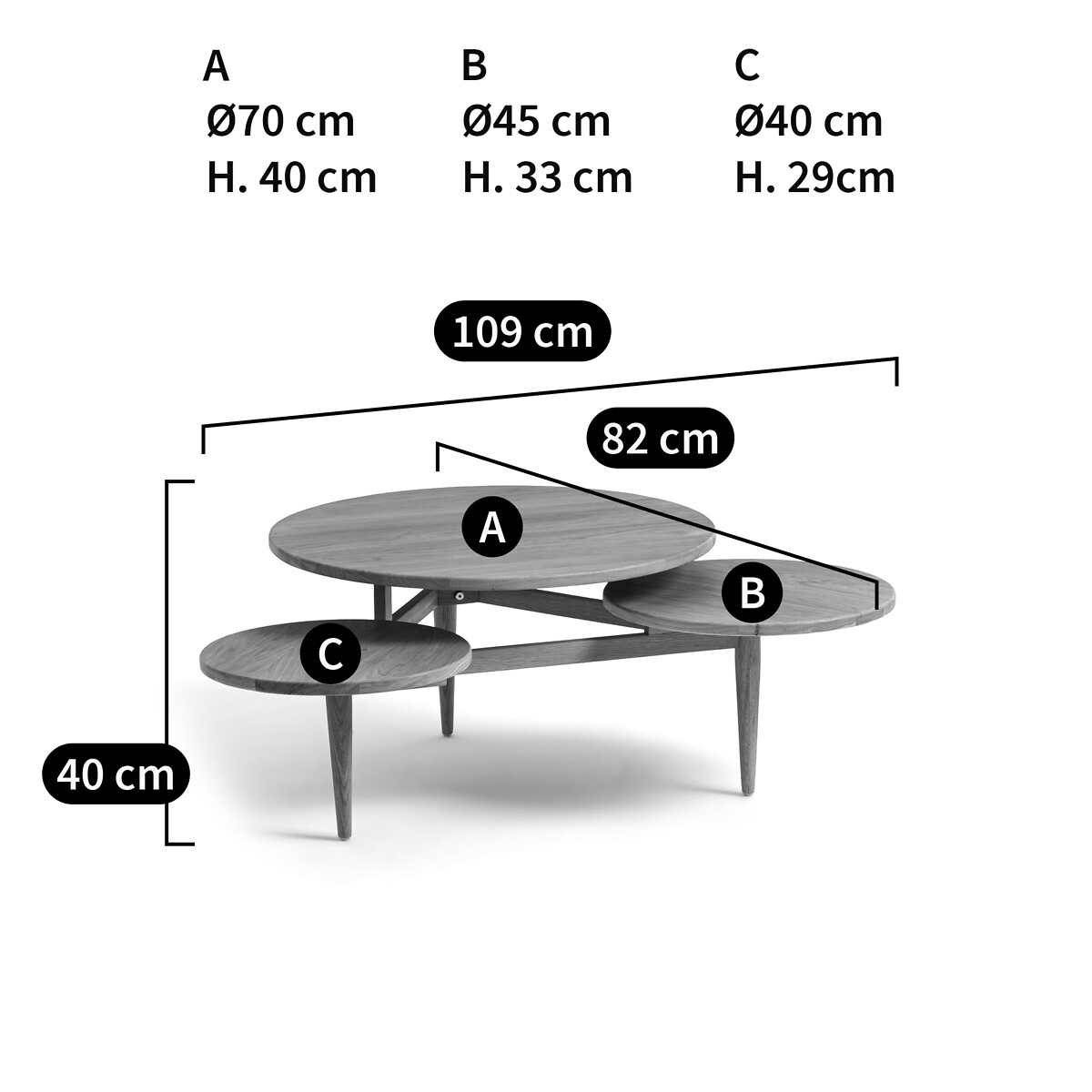 LA REDOUTE INTERIEURS<br>Mesa de centro com 3 tampos em carvalho, Ruben