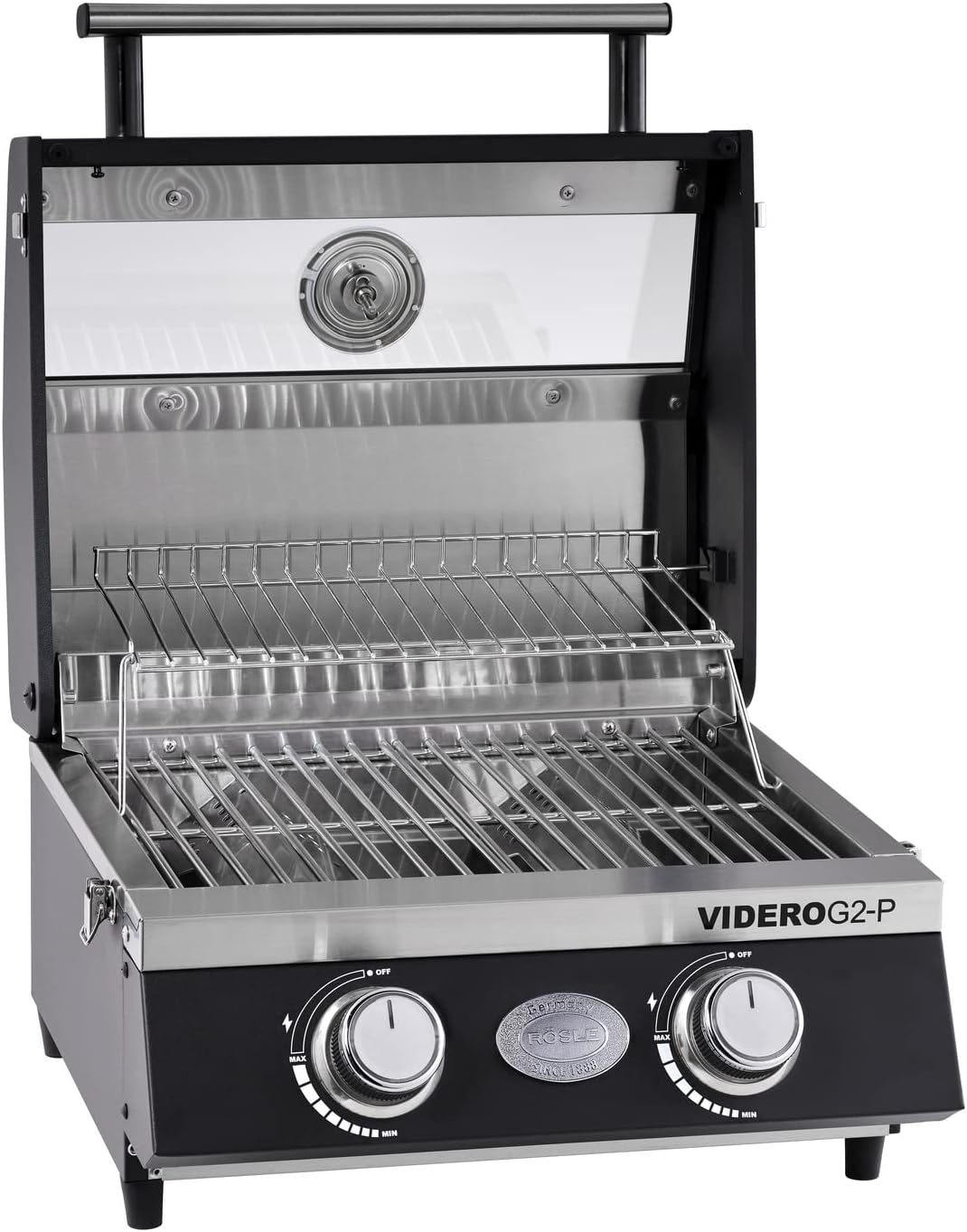RÖSLE Gasgrill BBQ-Portable VIDERO G2-P, tragbarer Tischgrill mit 2 Edelstahlbrennern, Warmhalterost und Deckel mit Glaseinsatz sowie Deckelthermometer, pulverbeschichteter Stahl, 50 mbar