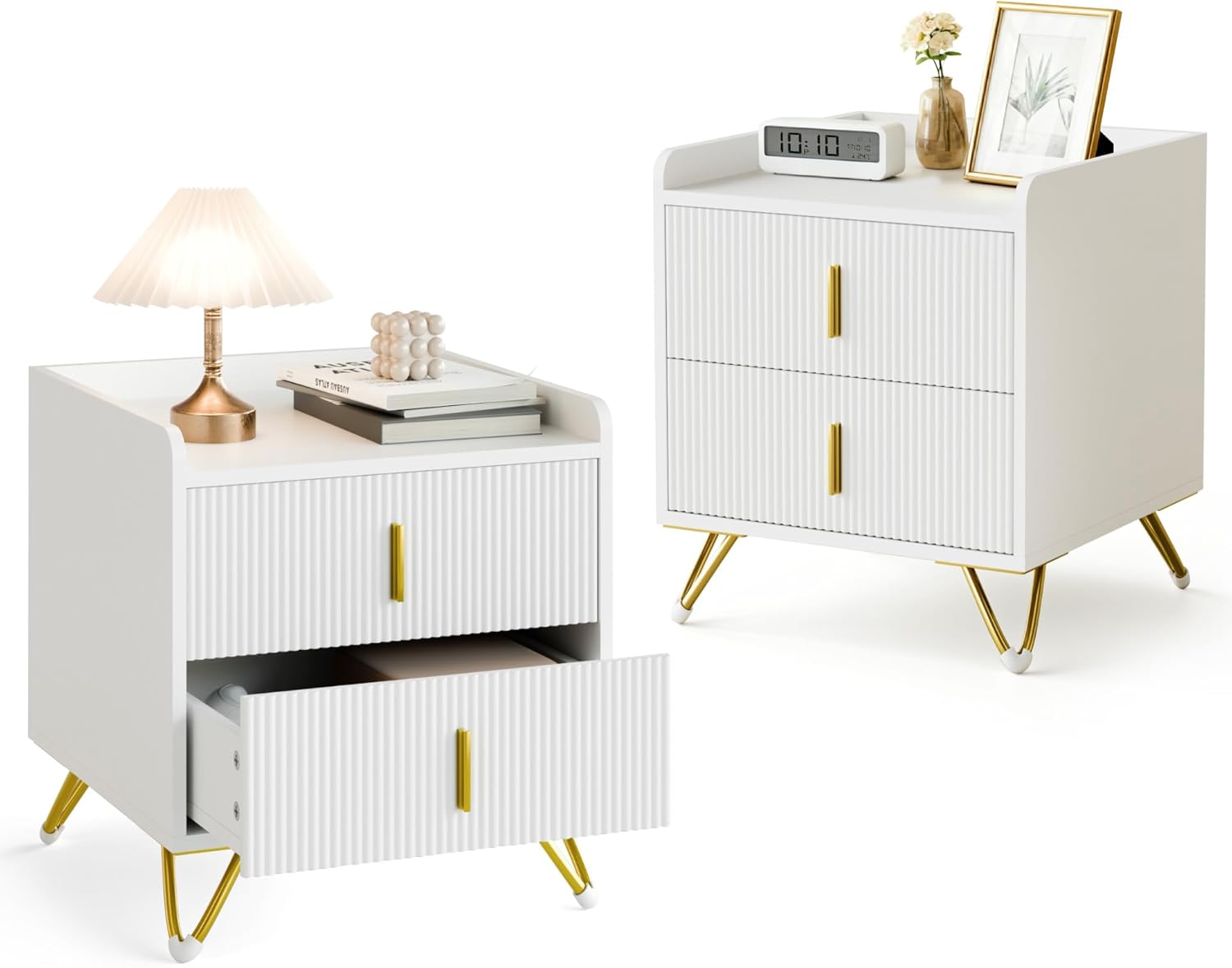 Mondeer Nachttisch 2er Set, Kleiner Nachtschrank mit 2 Schubladen und Metallbeinen, Aufbewahrungsschrank für Schlafzimmer, Wohnzimmer, 50 x 40 x 50 cm, Weiß &