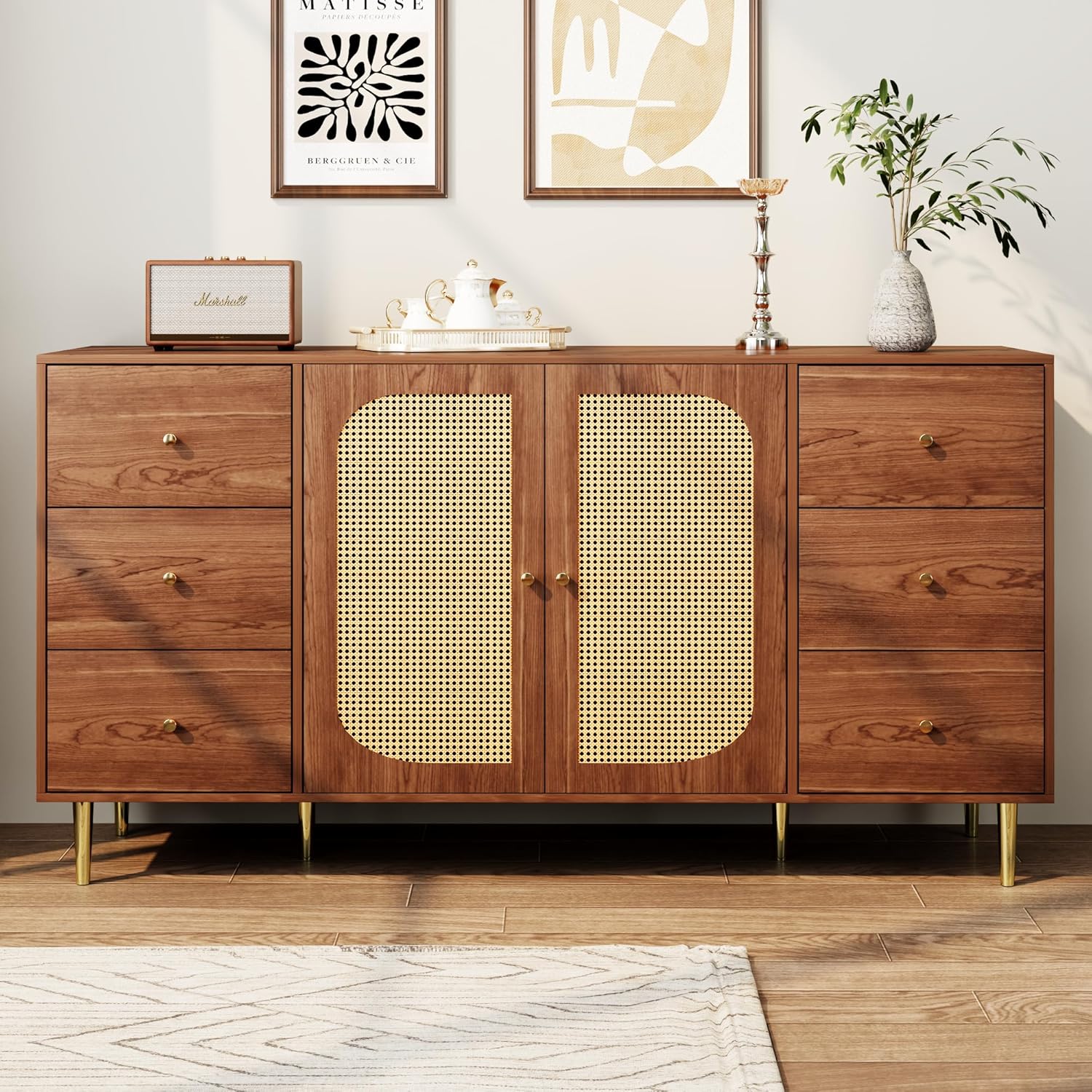Merax Sideboard mit 2 Türen, 6 Schubladen, Kommode Anrichte Buffetschrank Beistellschrank Rattan-Holzschränke, für Esszimmer und Wohnzimmer, 160 x 40 x 90 cm/Nussbaum