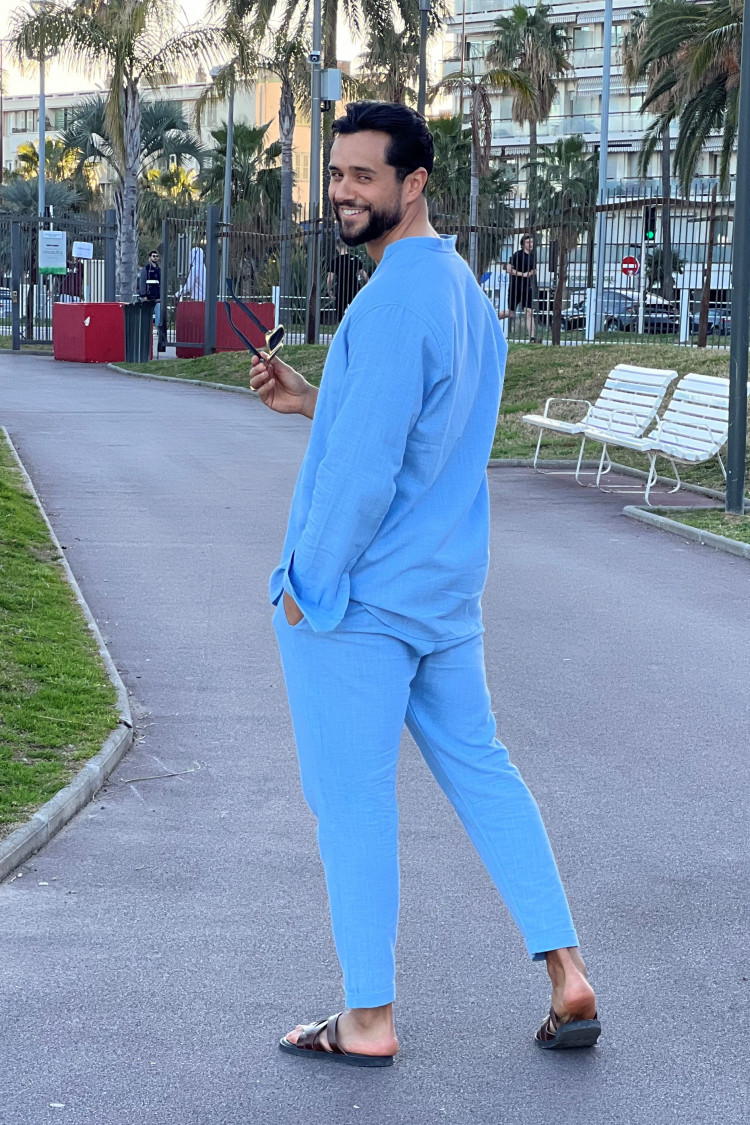 Ensemble 2 pièces chemise + pantalon effet lin bleu clair
