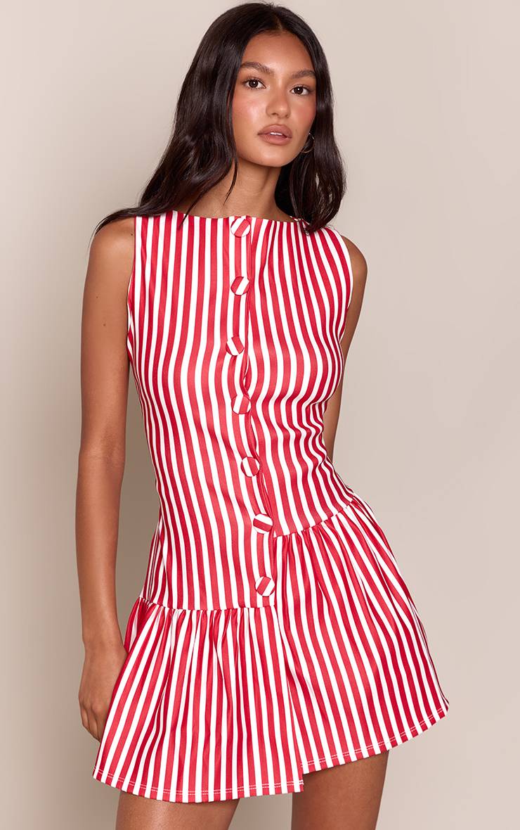 Rouge Robe Droite Asymétrique À Rayures En Tissu Extensible Avec Boutonnage