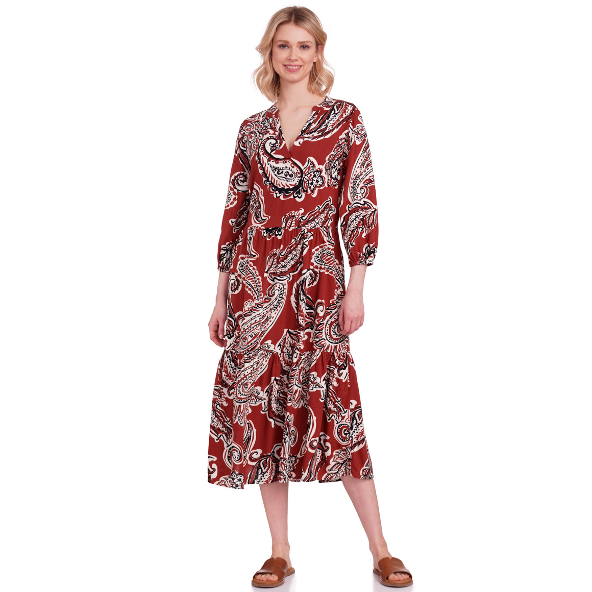 Gina Collection Damen Midikleid mit Allover-Motiv dunkelrot