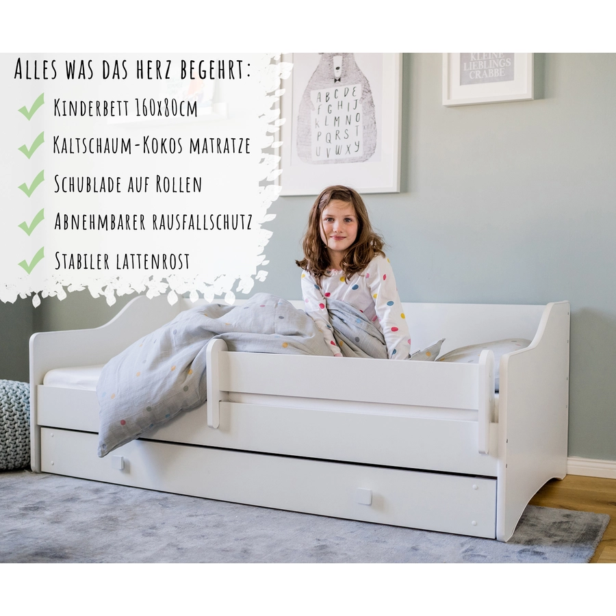 Kids Collective Kinderbett 80x160 | 80x180 cm mit Matratze Rausfallschutz & Schublade weiß mit Matratze