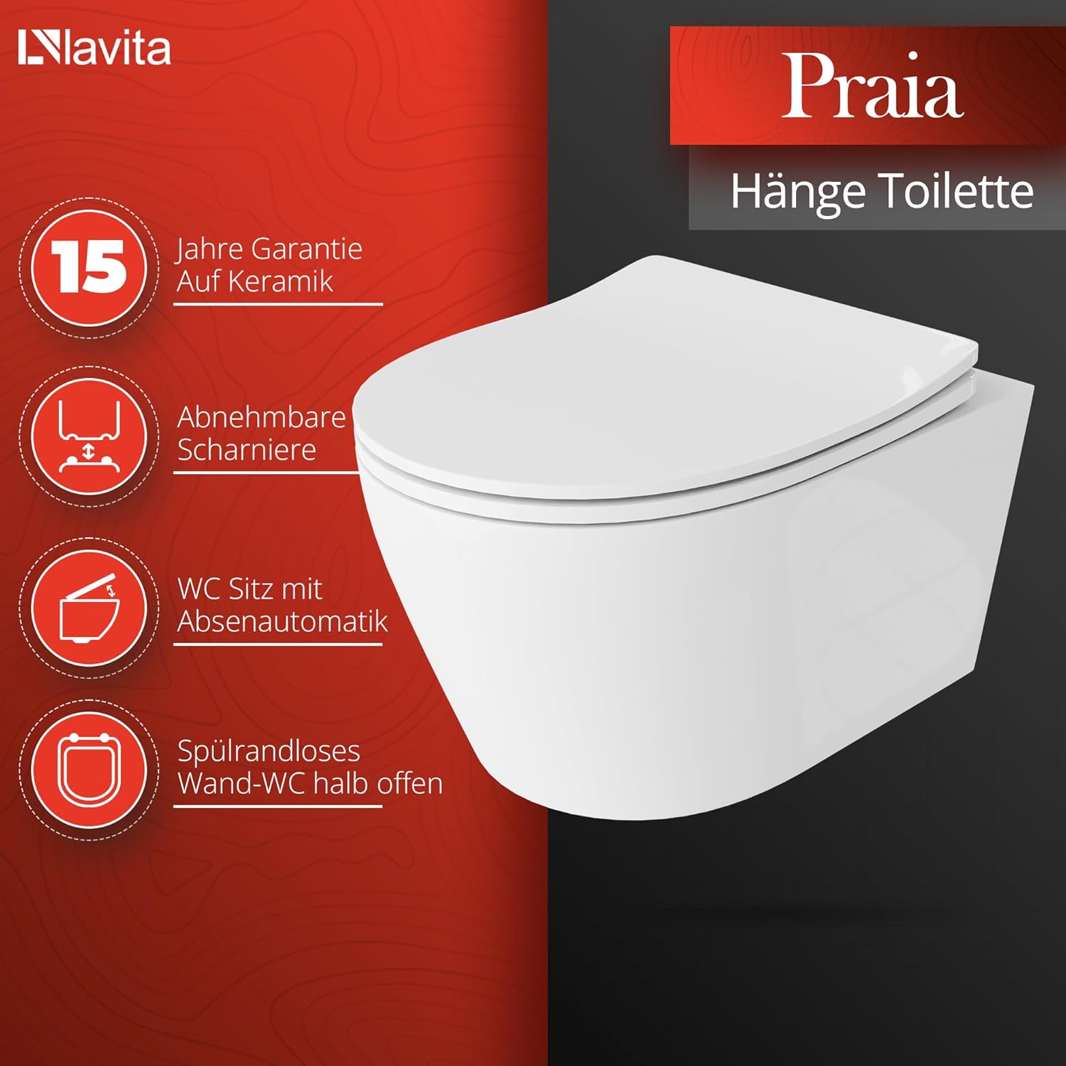 Lavita Duofix Basic Vorwandelement + Wand Tiefspül WC Praia Weiß Spülrandlos + WC Sitz + Bedienplatte Delta 25 Schwarzer Knopf Komplettset Unterputz Spülkasten Toilette Komplett Sett WC